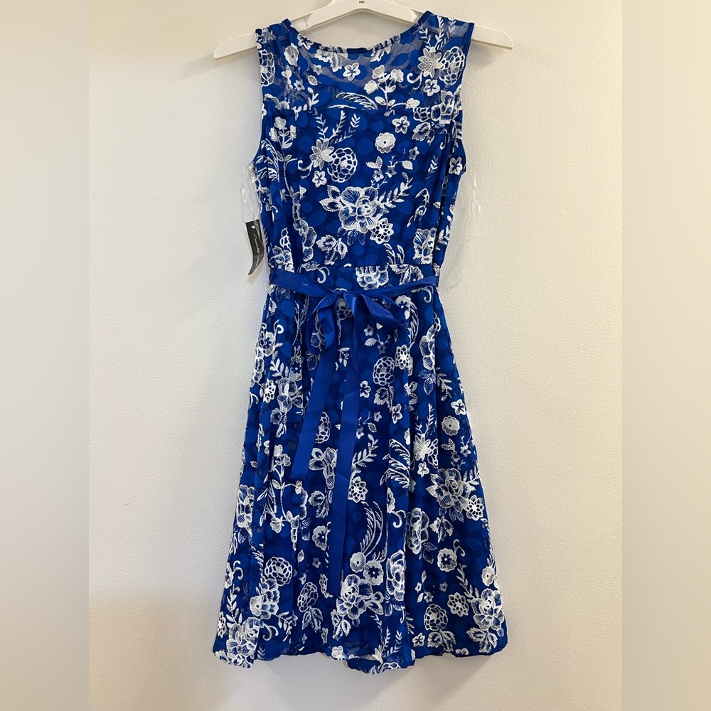 Candalite Dress Navy Blue Floral Lace Scoop Neck Sleeveless v3.